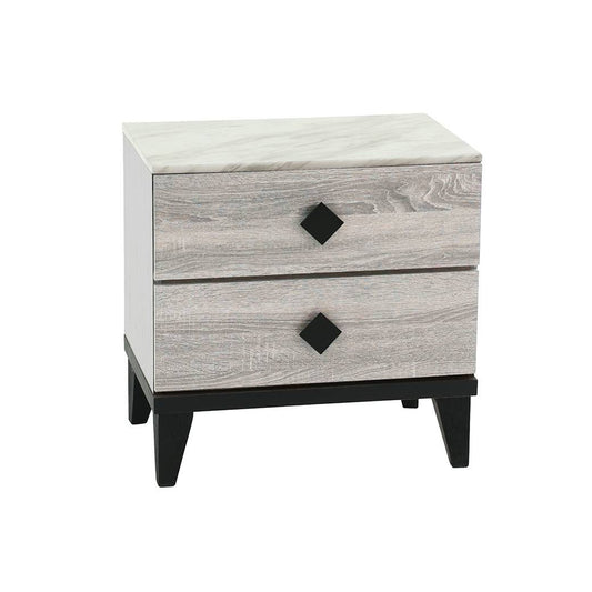 Gray wood bedside table with marble top and black diamond knobs