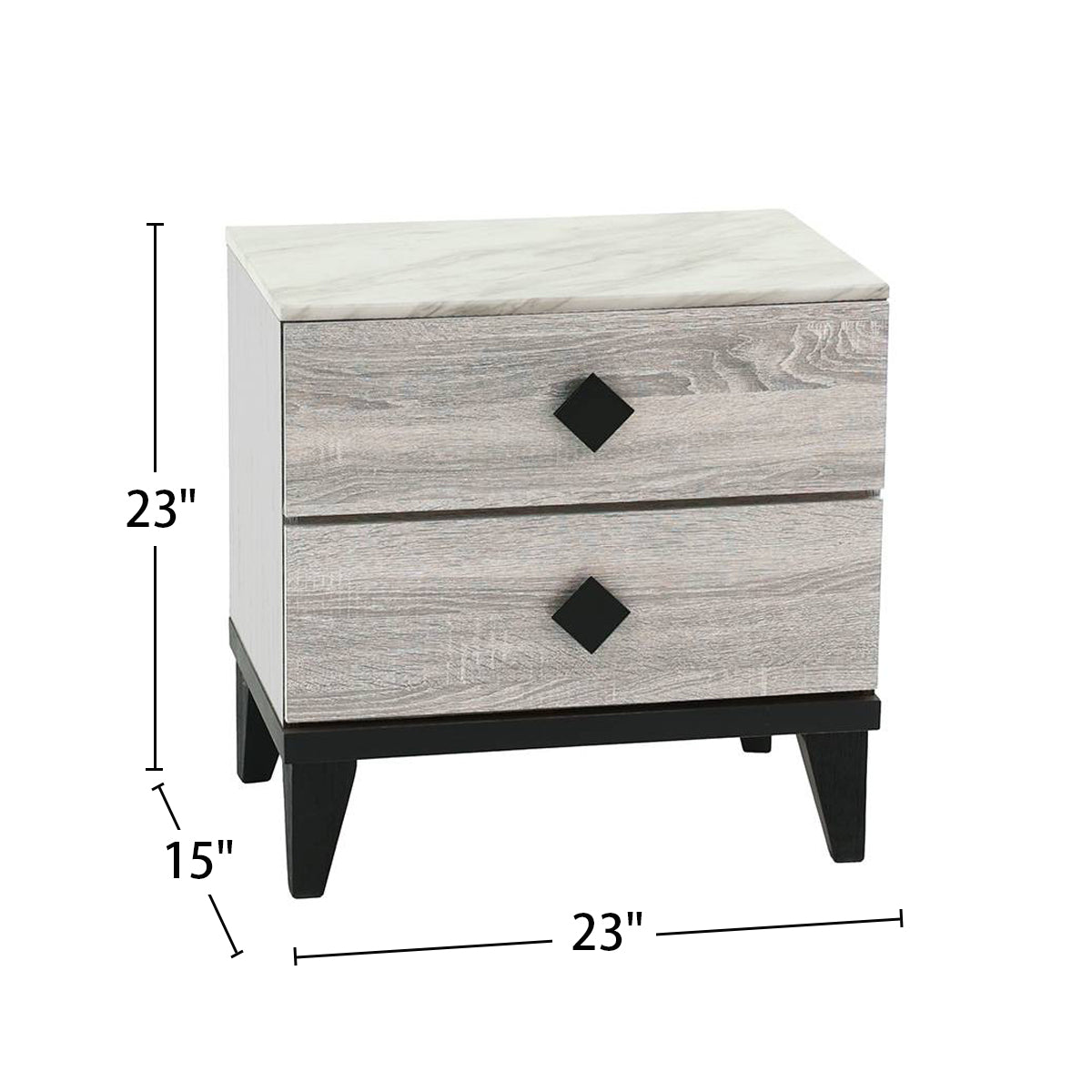 Twodrawer modern nightstand with distressed grey wood finish and faux marble top
