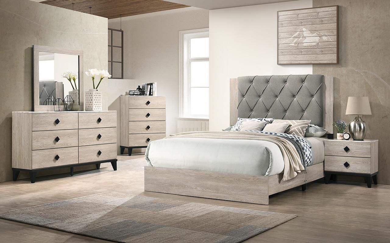 Tufted gray headboard queen bed with light wood frame and matching nightstand