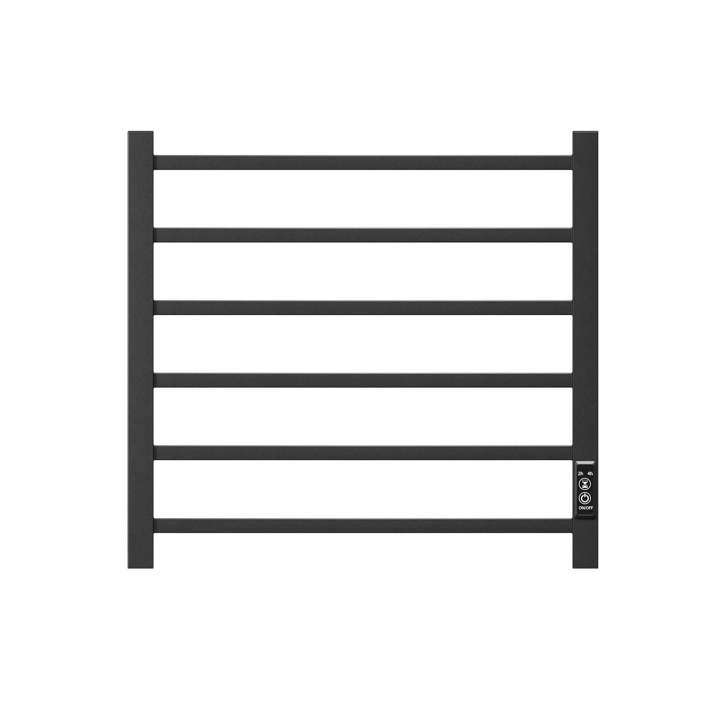 Modern black electric radiator with horizontal louvers features timer and onoff controls
