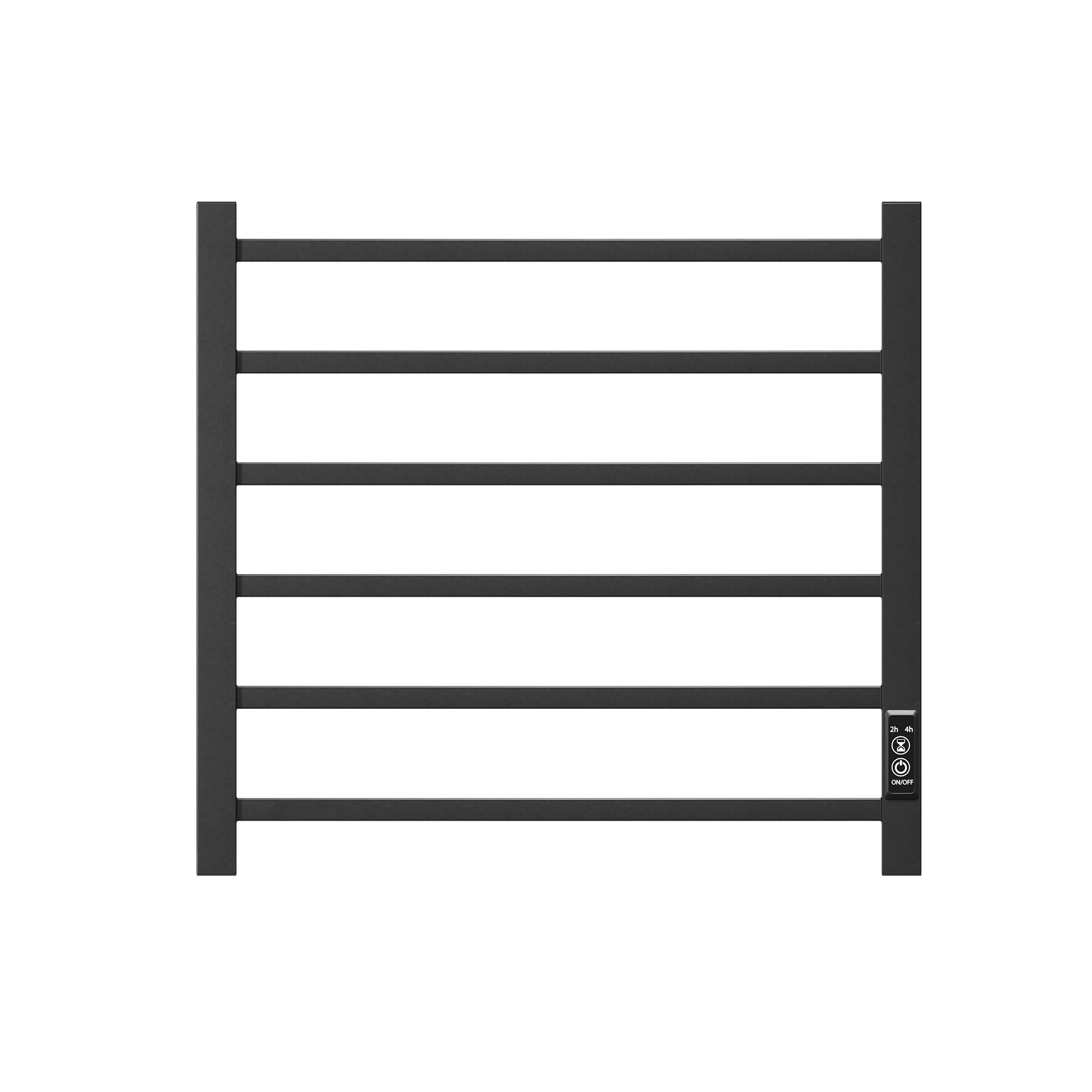 Modern black electric radiator with horizontal louvers features timer and onoff controls