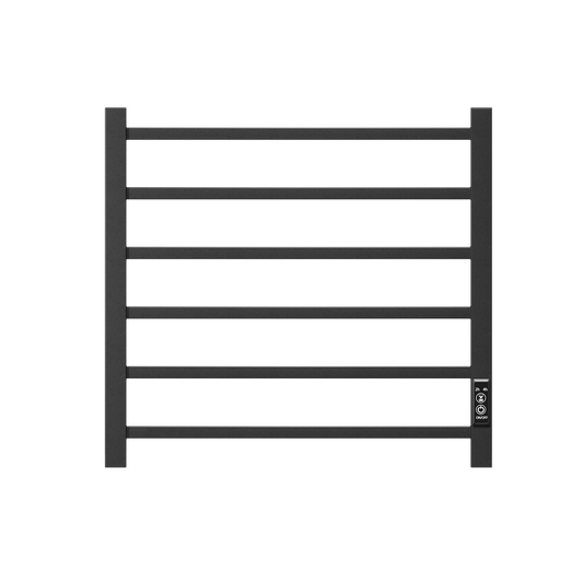 Modern black electric radiator with horizontal louvers features timer and onoff controls