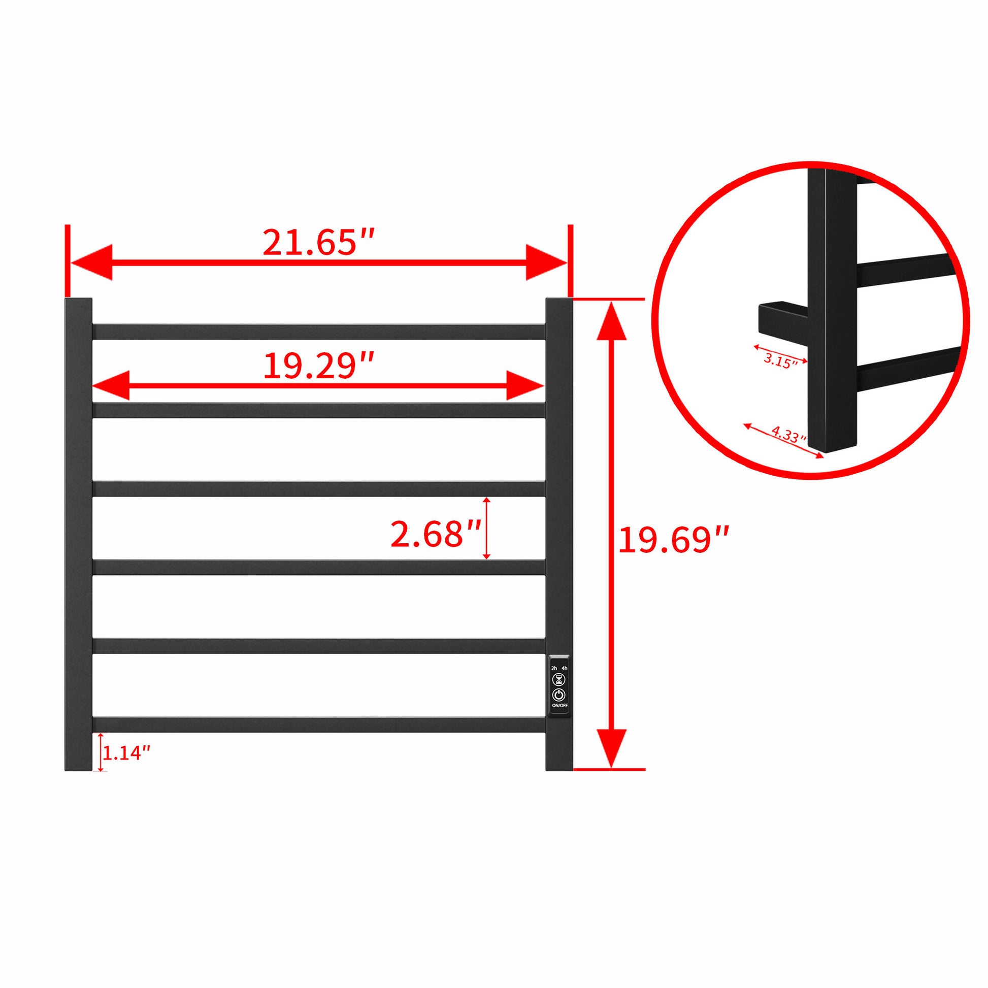 Black bar heated towel rack  wide with timer controls for bathroom use