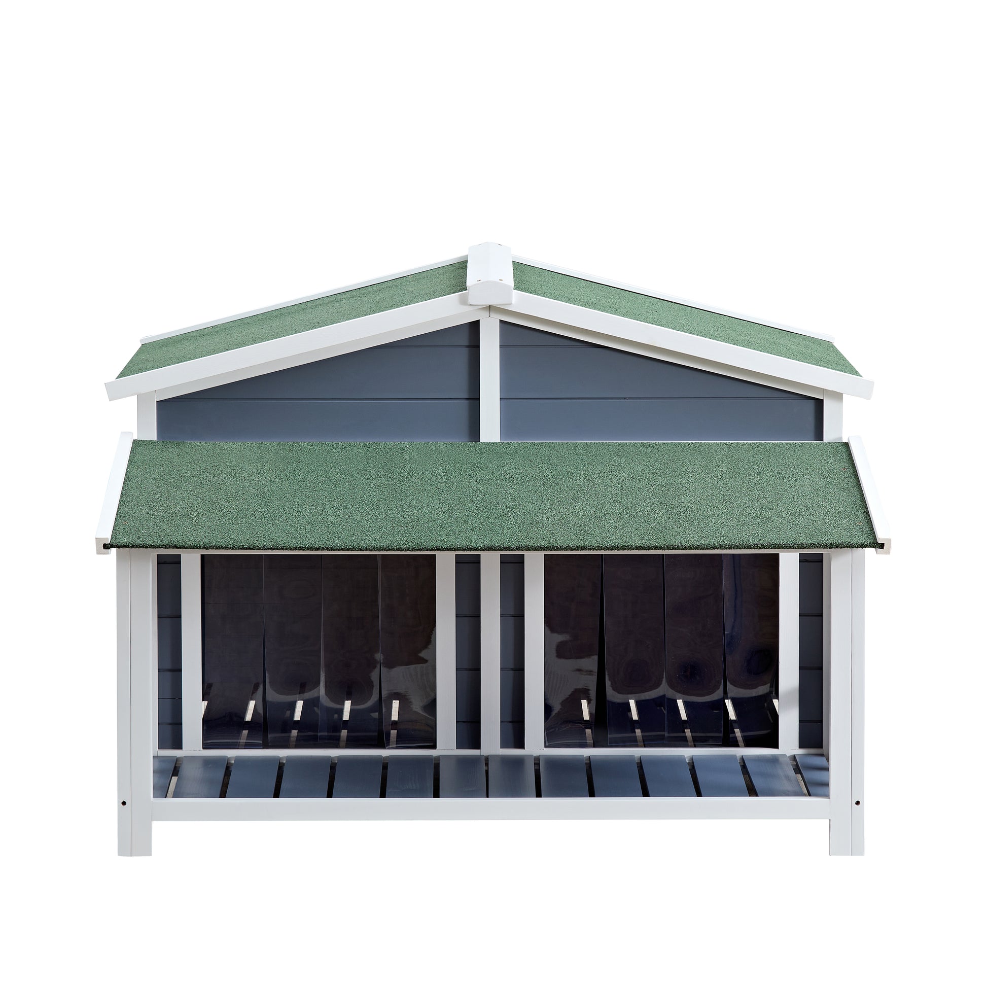 Modern gray wooden chicken coop with green asphalt roof for backyard chickens