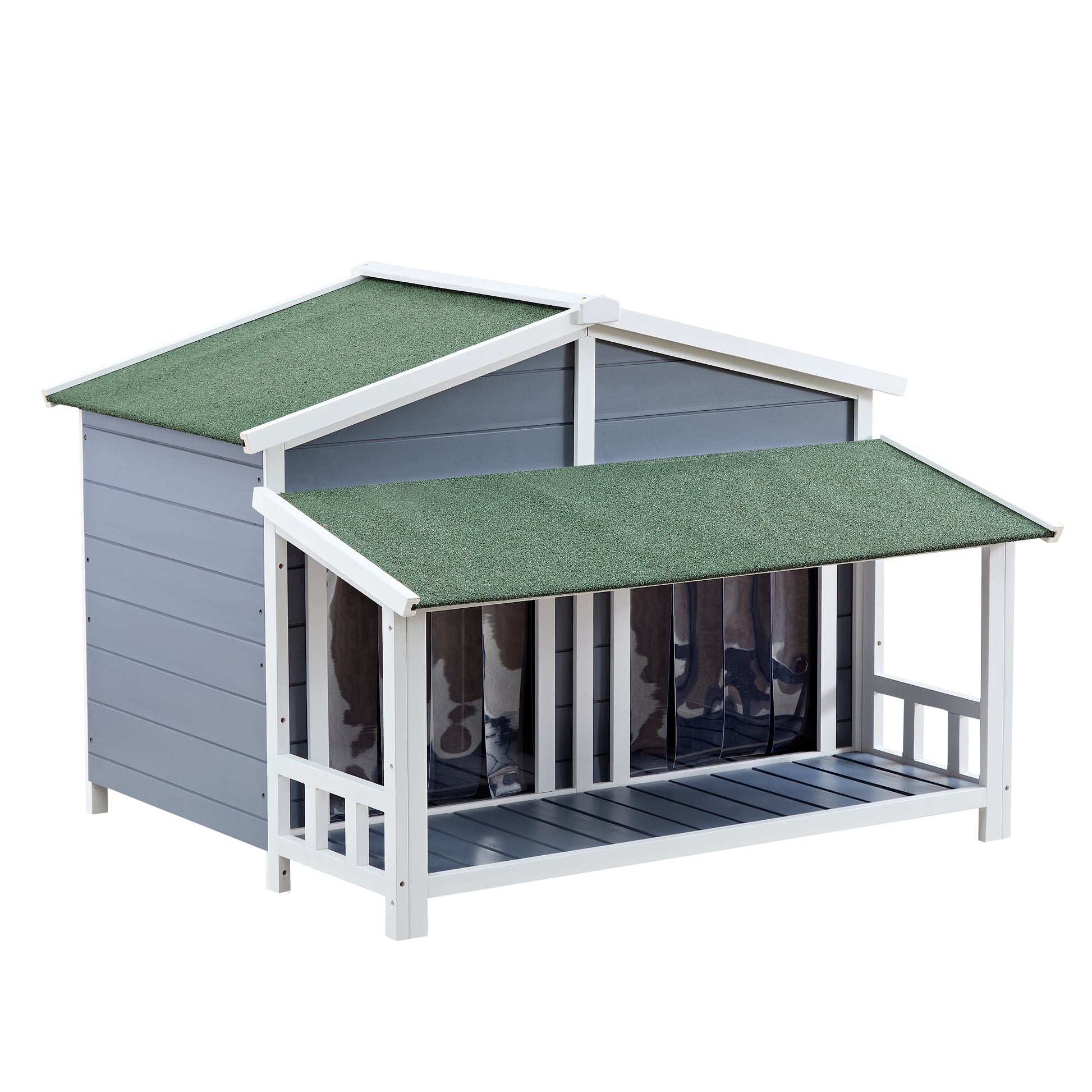 Grey wooden pet house with pitched green roof and transparent door flaps