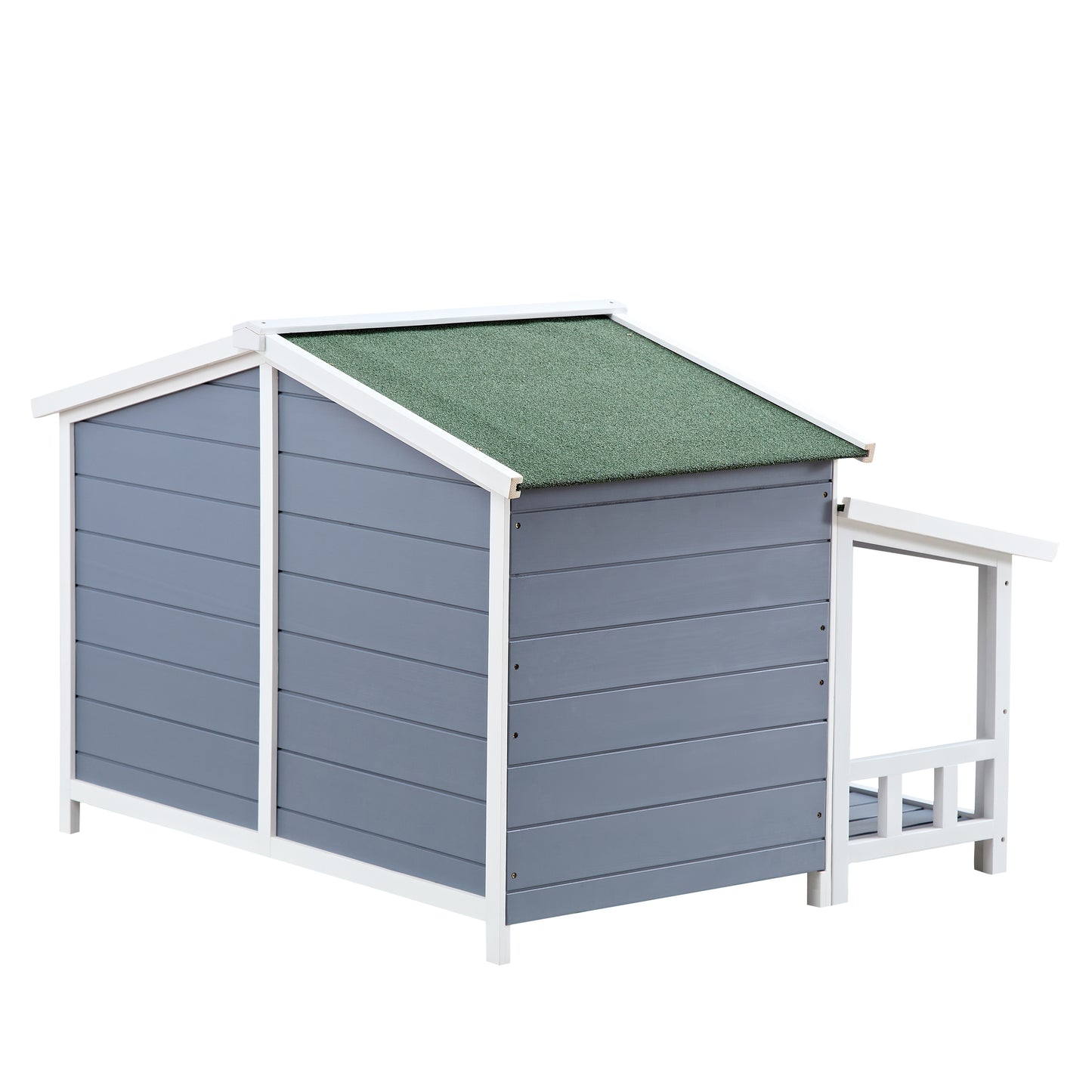 Gray wooden outdoor dog house with green asphalt roof and attached porch