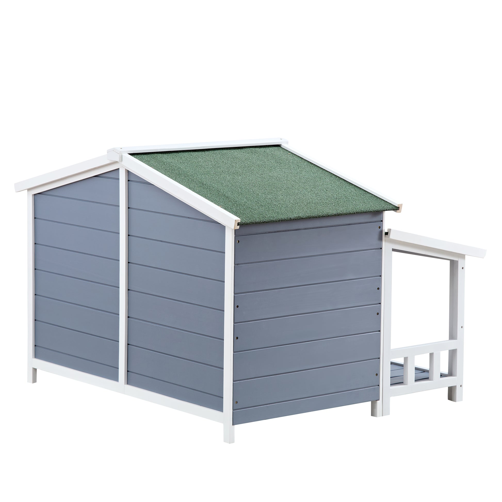 Gray wooden outdoor dog house with green asphalt roof and attached porch
