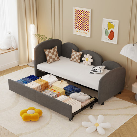 Dark gray twin size kids sofa bed with pullout drawer for storage