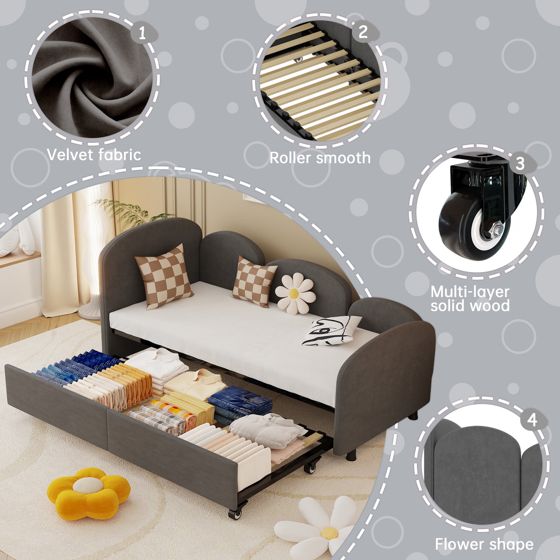 Dark gray velvet fabric sofa bed with pullout drawers for clothing storage