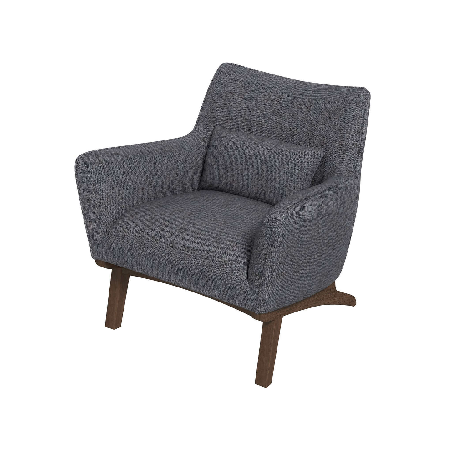 Modern armchair in textured dark grey fabric with a removable lumbar pillow and wooden legs