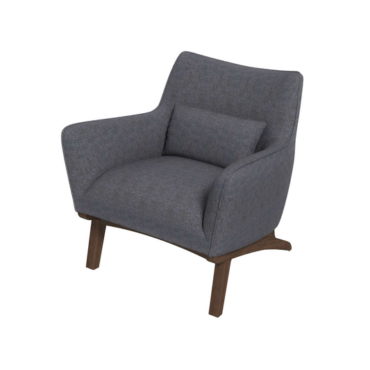Modern armchair in textured dark grey fabric with a removable lumbar pillow and wooden legs