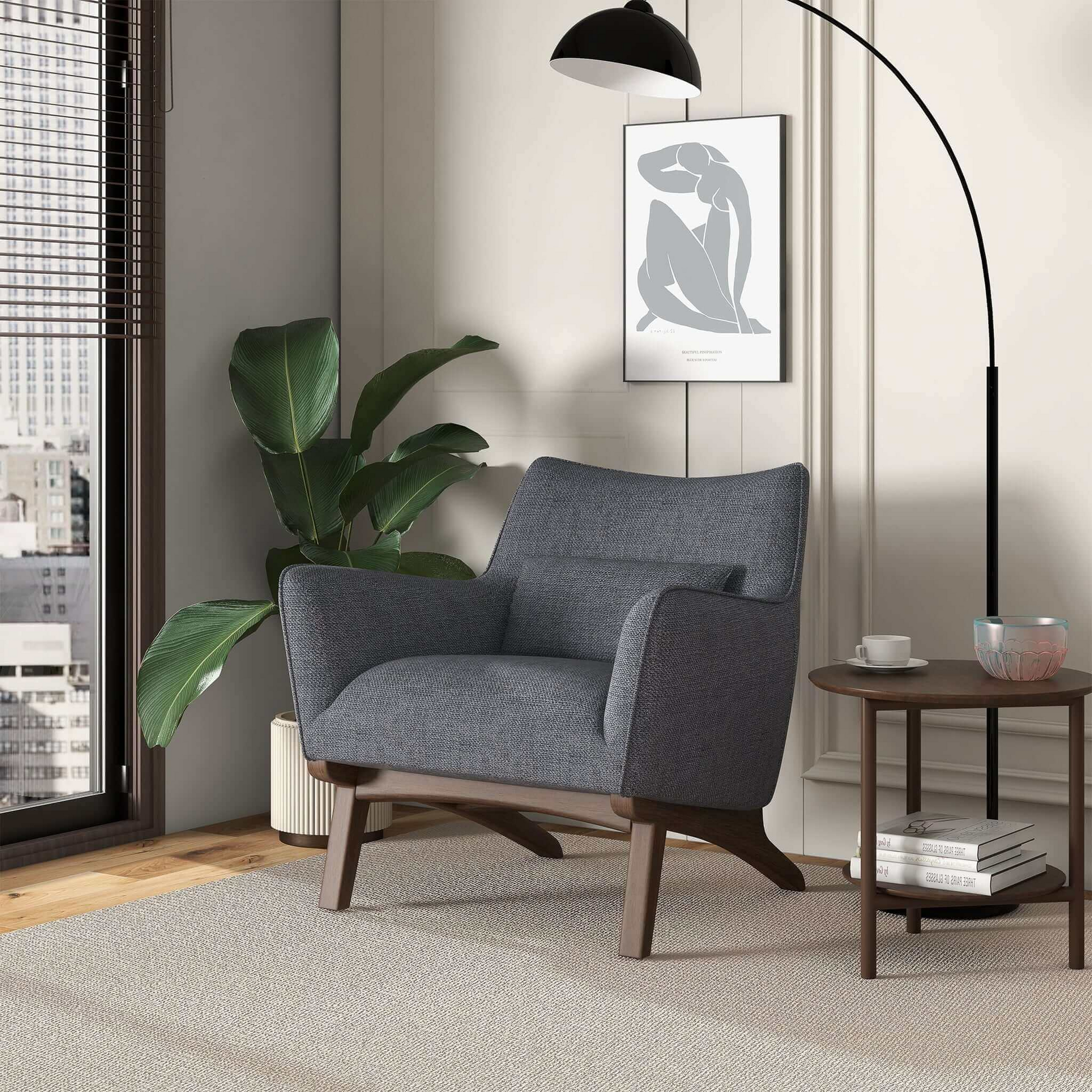 Gray upholstered accent chair with wooden legs perfect for modern living rooms