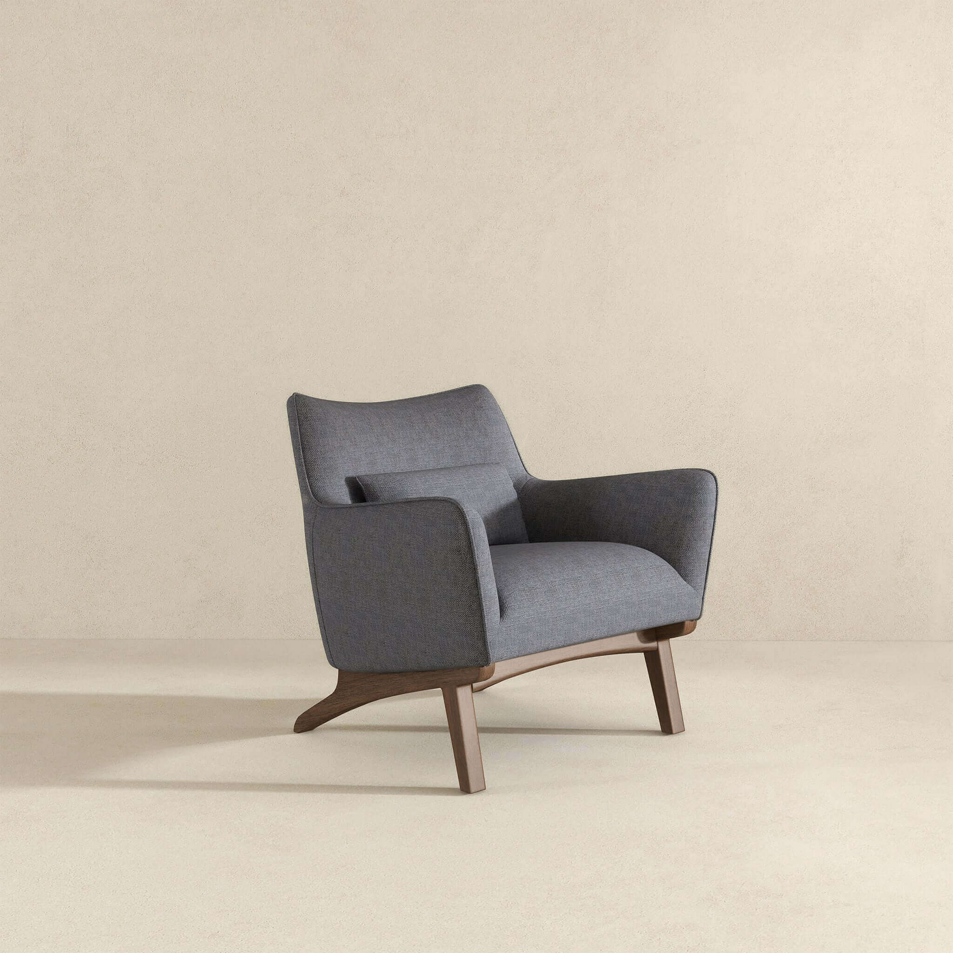 Midcentury modern grey fabric armchair with curved wooden legs