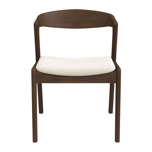 Dark wood dining chair with a cream upholstered seat and curved backrest