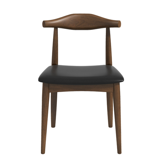 Wooden dining chair with curved backrest and black faux leather seat