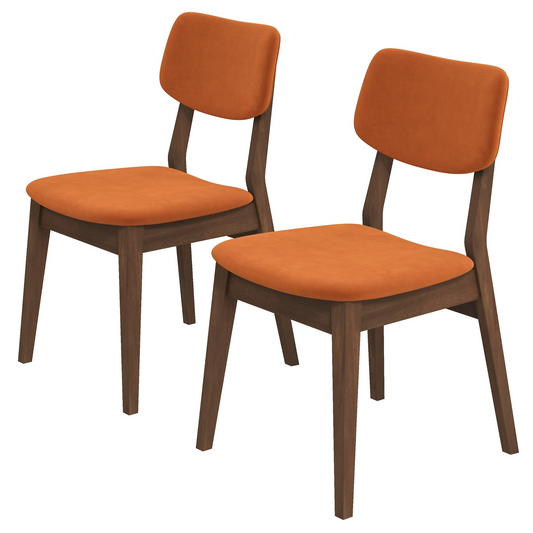 Pair of modern dining chairs with orange upholstered seats and dark wood frames
