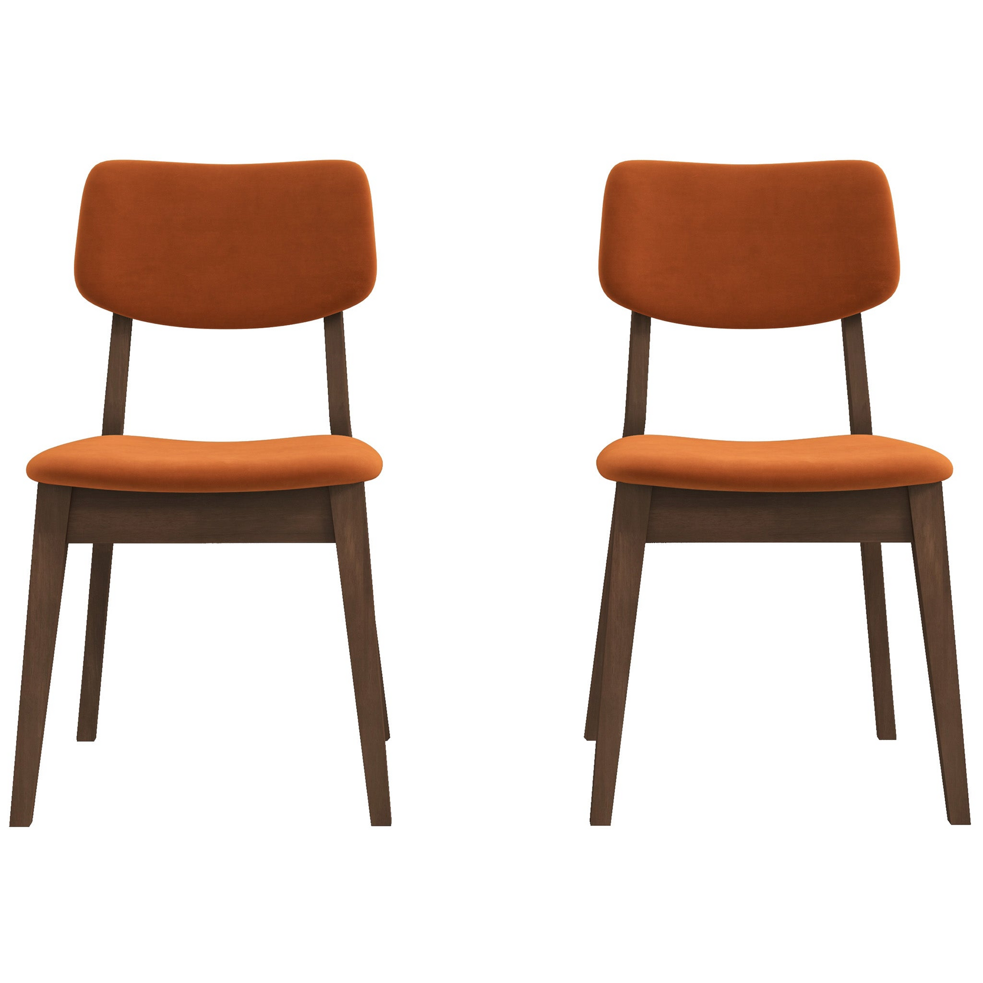 Two modern dining chairs with burnt orange upholstered seats and dark wood legs