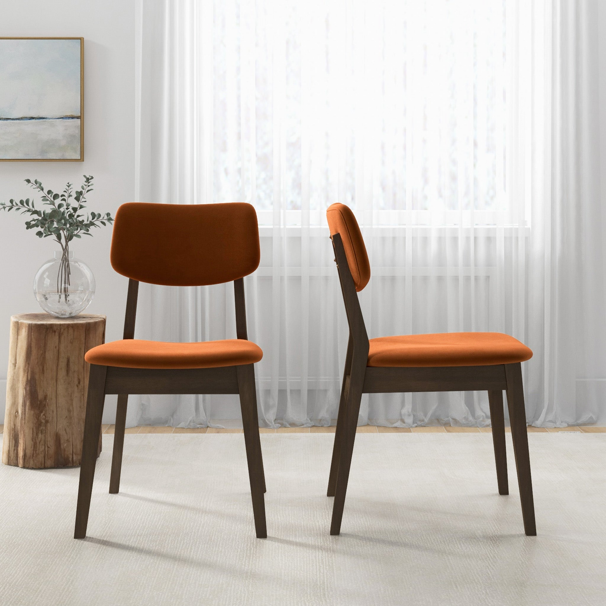 Two burnt orange velvet upholstered dining chairs with dark wood frames