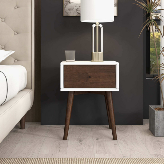 White and wood midcentury modern nightstand with one drawer perfect for bedroom storage
