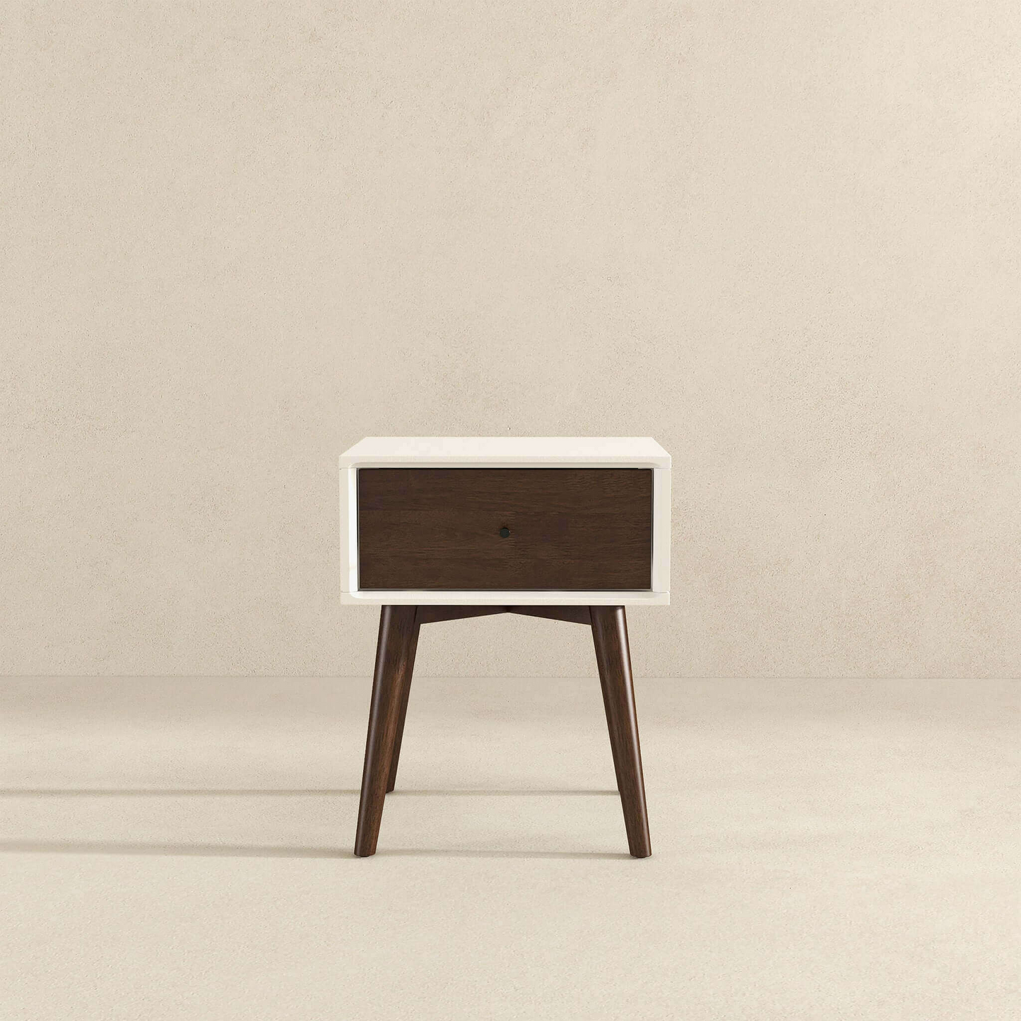 White and walnut bedside table with tapered legs and single drawer