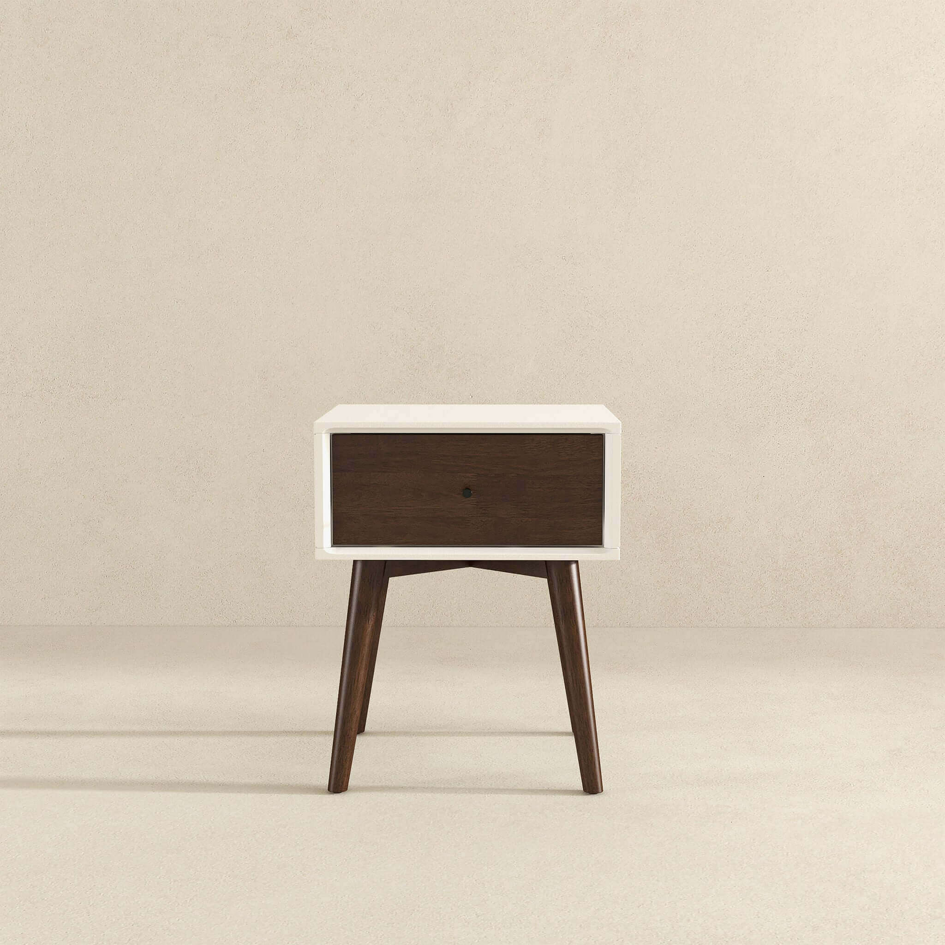 White and walnut bedside table with tapered legs and single drawer