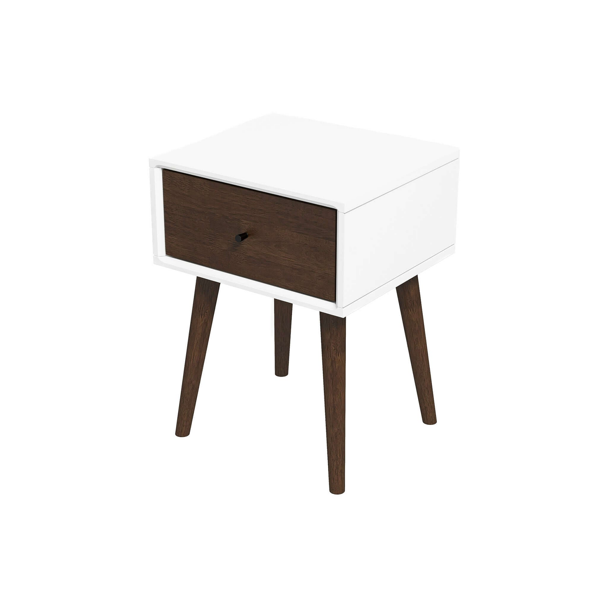 Midcentury modern white nightstand with dark wood drawer and tapered legs