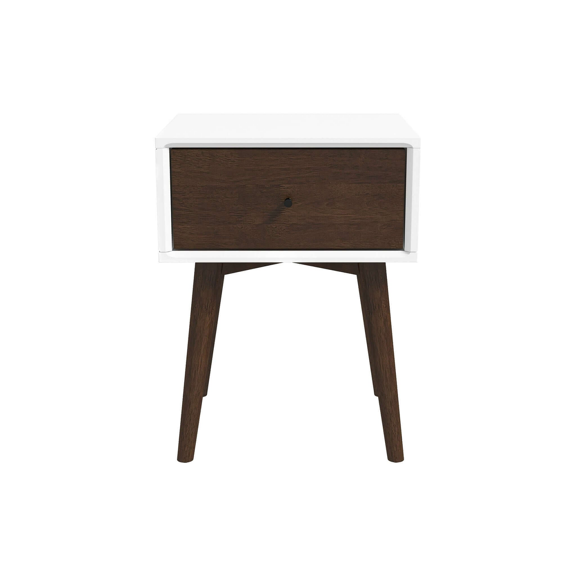 White and wood grain nightstand with tapered legs