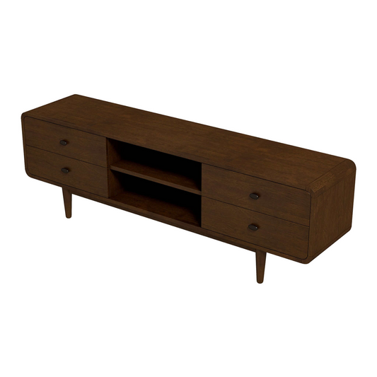 Dark wood midcentury modern TV stand with tapered legs and two open shelves