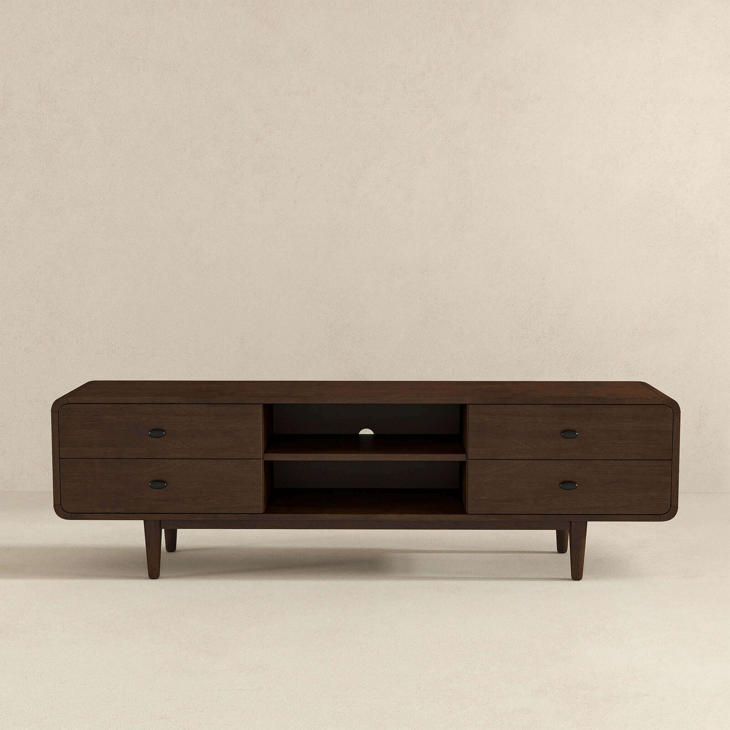 Dark brown wood media console with two drawers and open shelving midcentury modern design