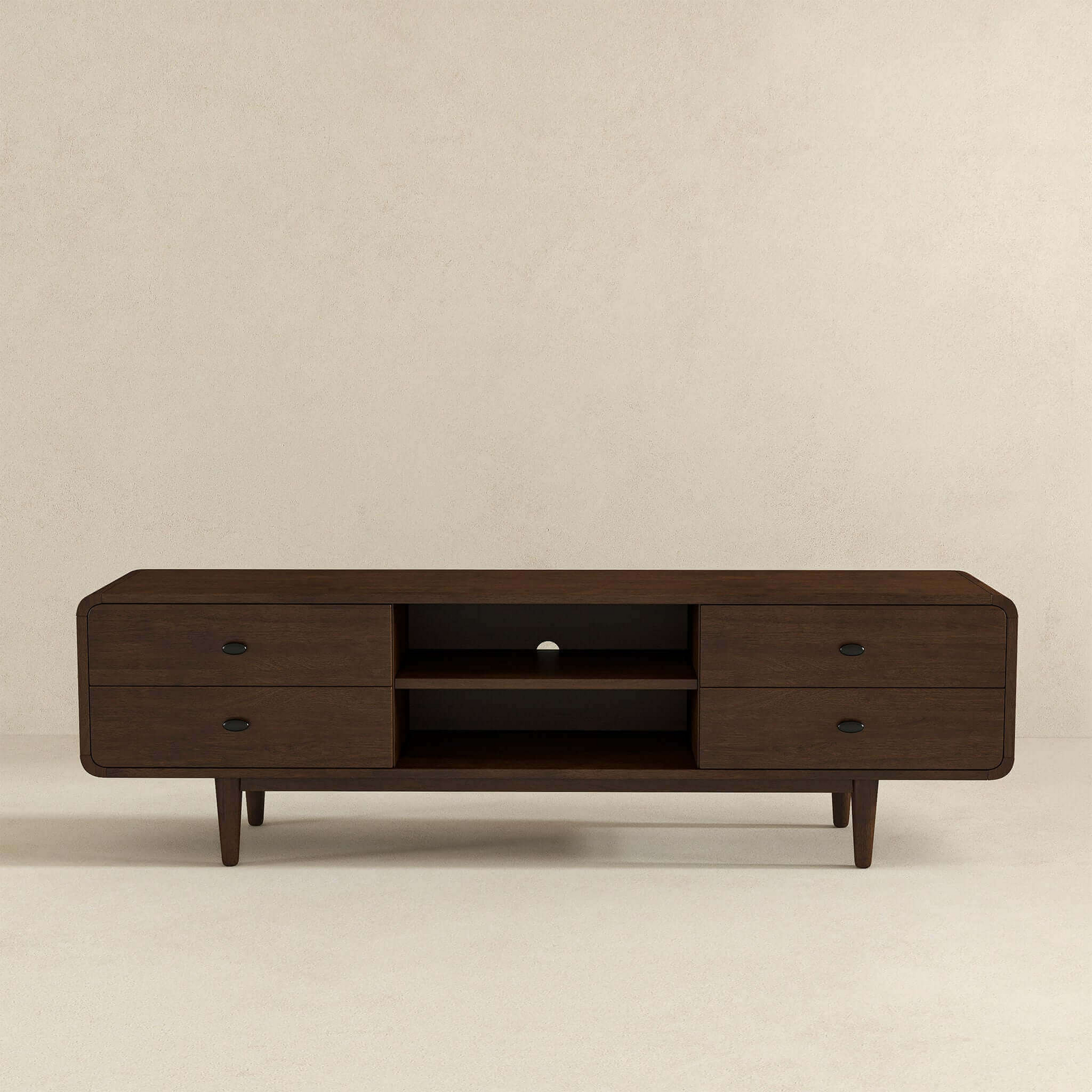 Dark brown wood media console with two drawers and open shelving midcentury modern design