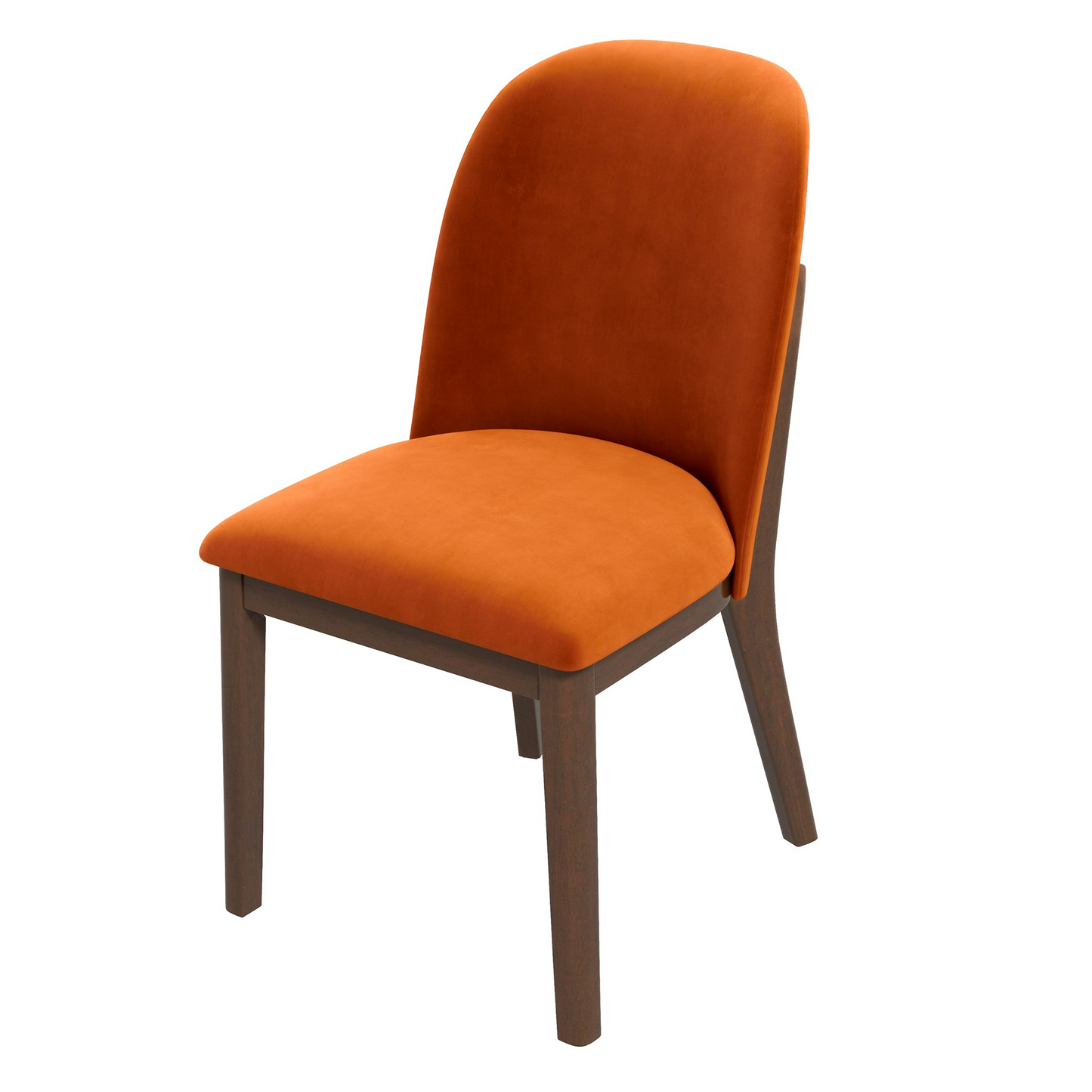 Orange velvet upholstered dining chair with dark wood legs ideal for modern kitchens