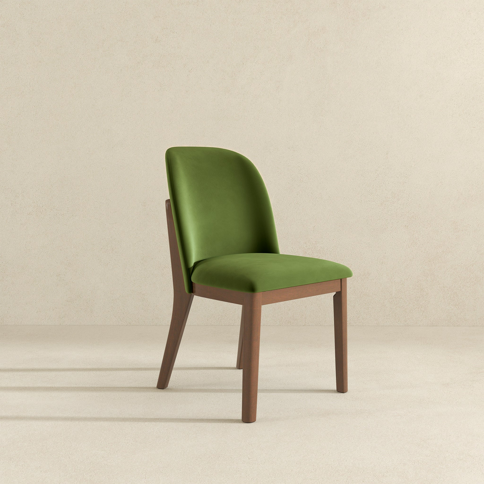 Midcentury modern green velvet dining chair with wooden legs