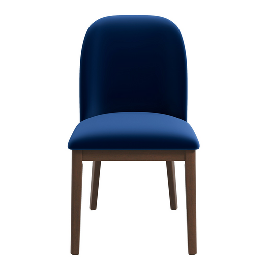 Dark blue upholstered dining chair with wooden legs