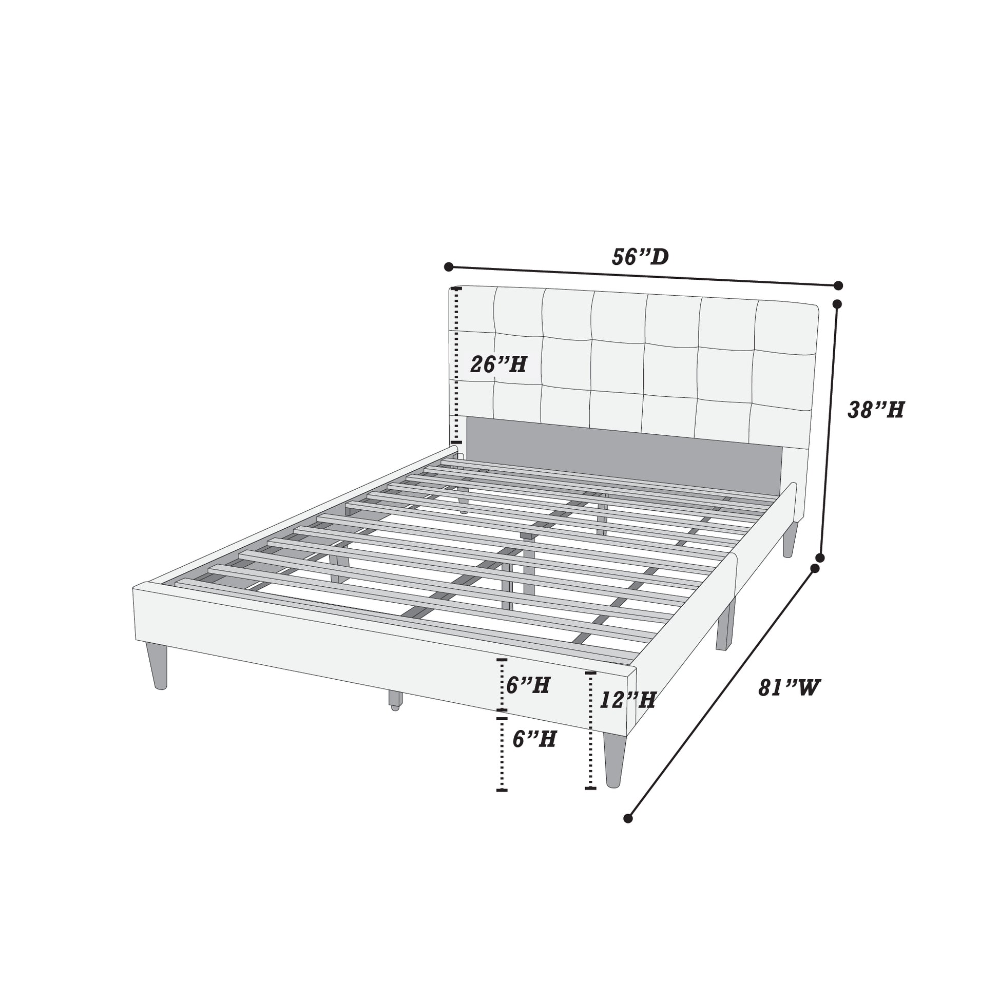 Diagram of a modern upholstered bed frame with tufted headboard and metal slats