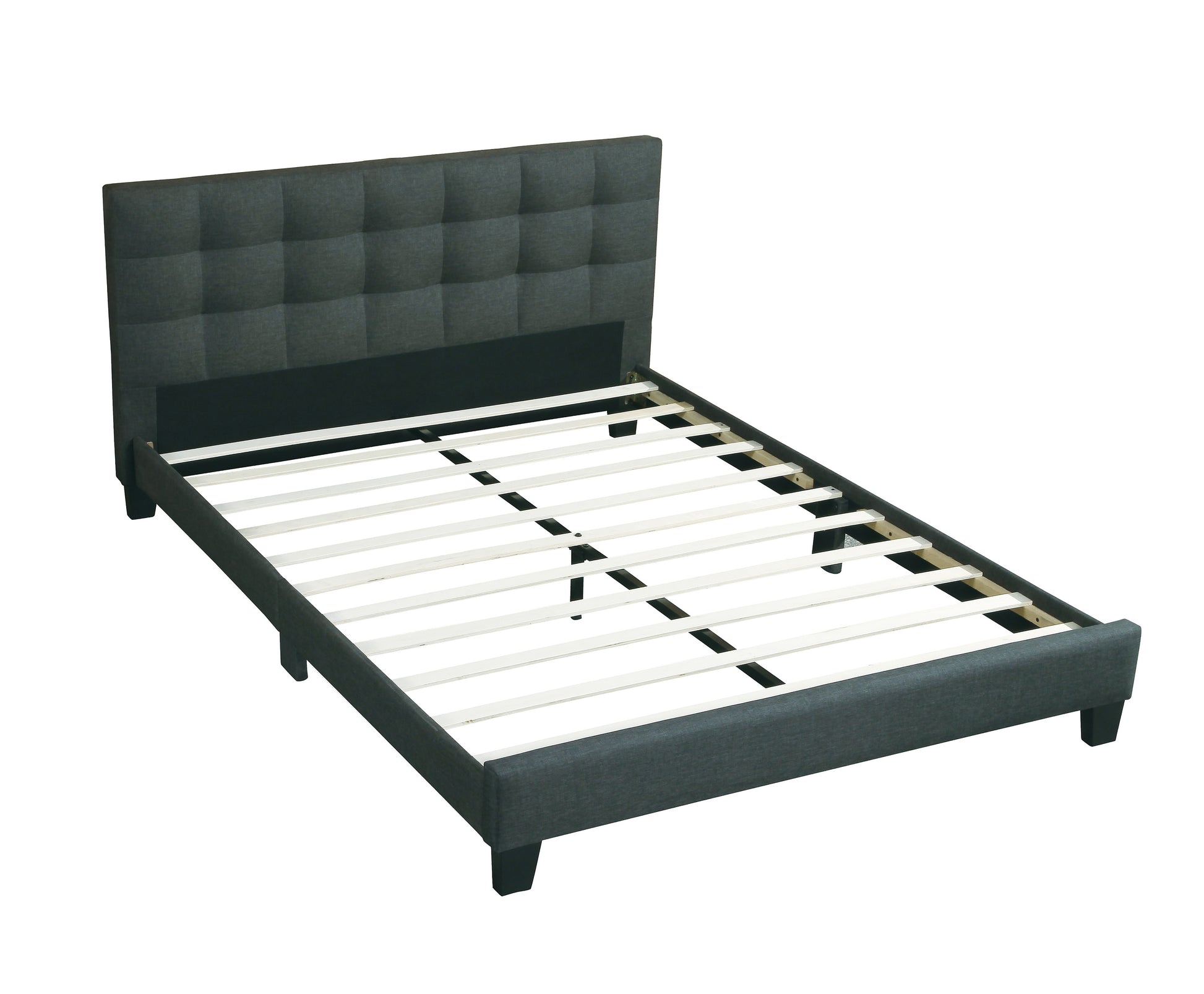 Charcoal grey upholstered bed frame with tufted headboard and wooden slats