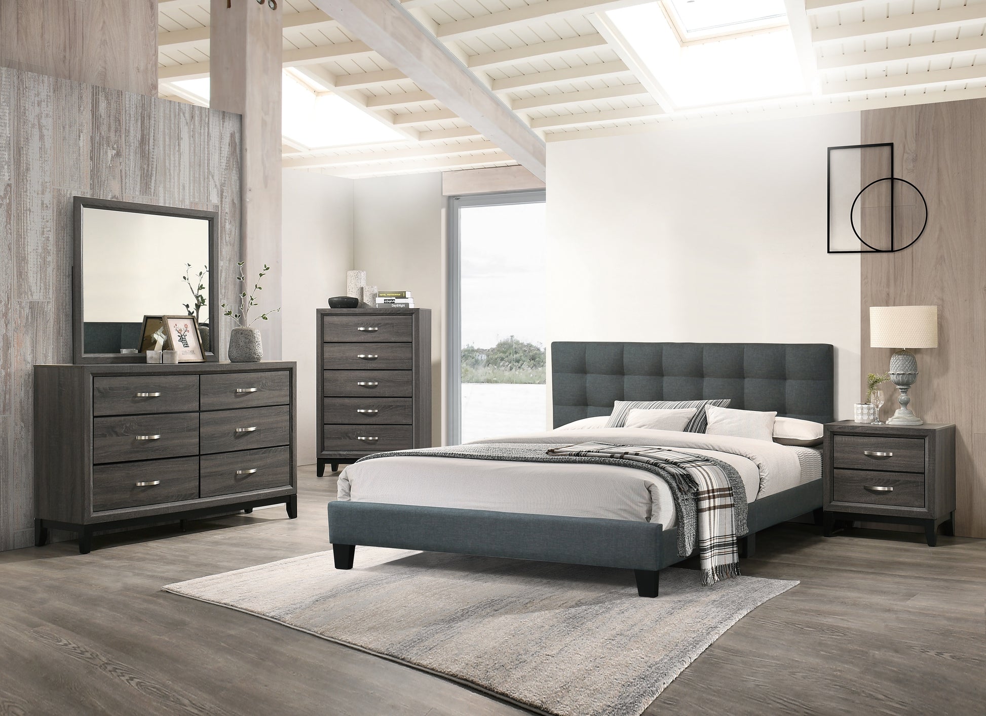 Dark grey upholstered headboard king bed with tufted design complemented by matching nightstands