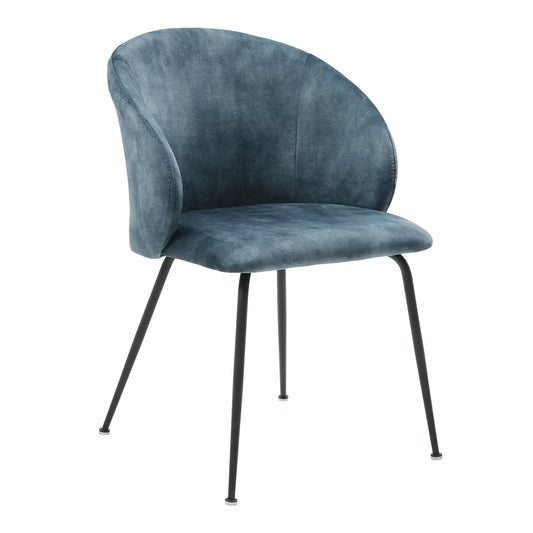 Blue velvet accent chair with curved back and black metal legs