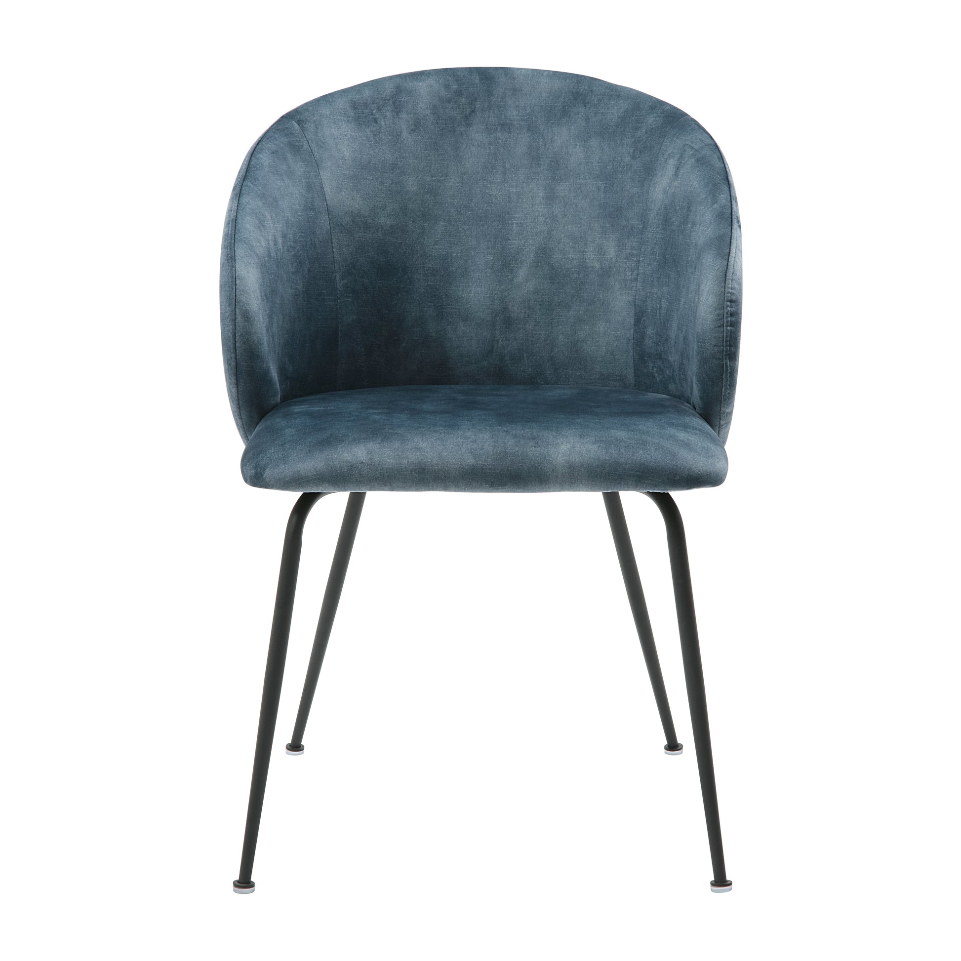 Teal velvet accent chair with curved back and slim black metal legs