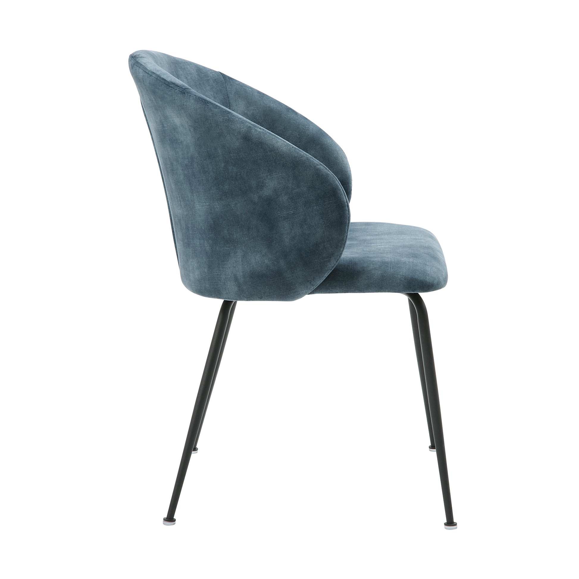Teal velvet accent chair with curved back and black metal legs