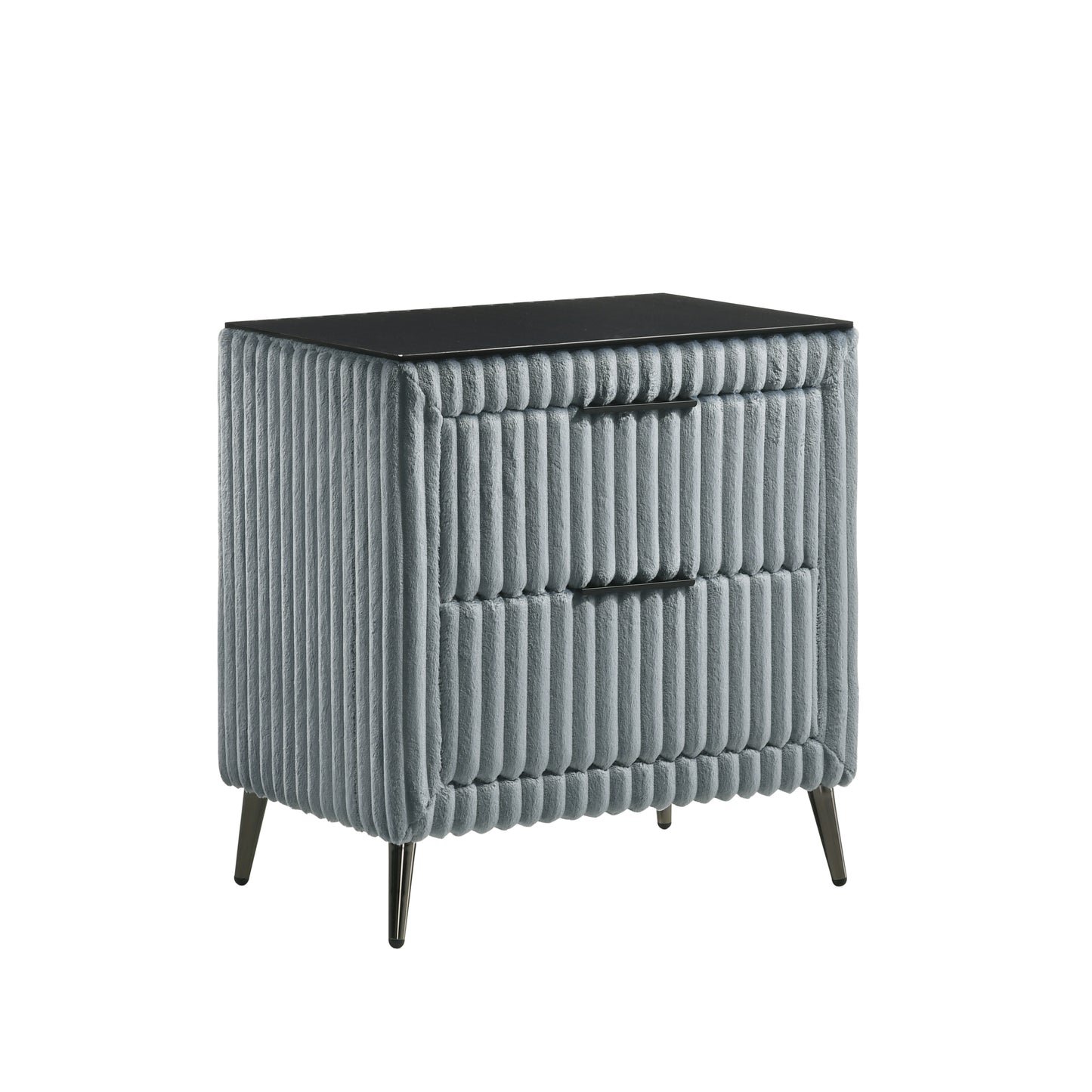 Textured grey bedside table with two drawers and a black glass top