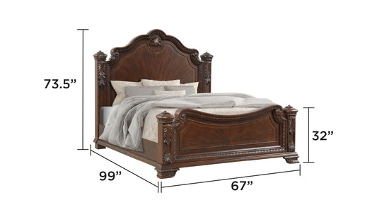 Ornate mahogany king bed frame with carved headboard and footboard