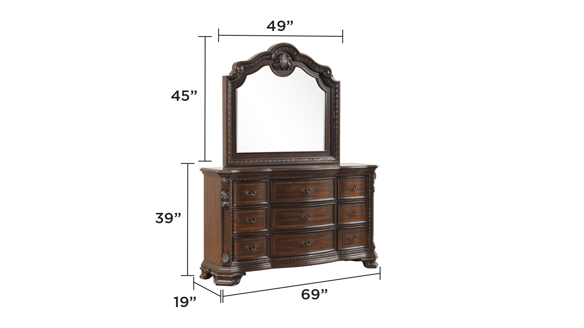 Ornate dark wood dresser with a large mirror featuring carved details and nine drawers