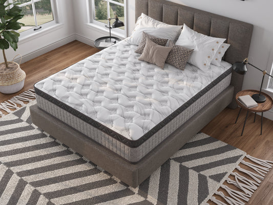 Plush white queen mattress with intricate grey wave pattern stitching and grey border