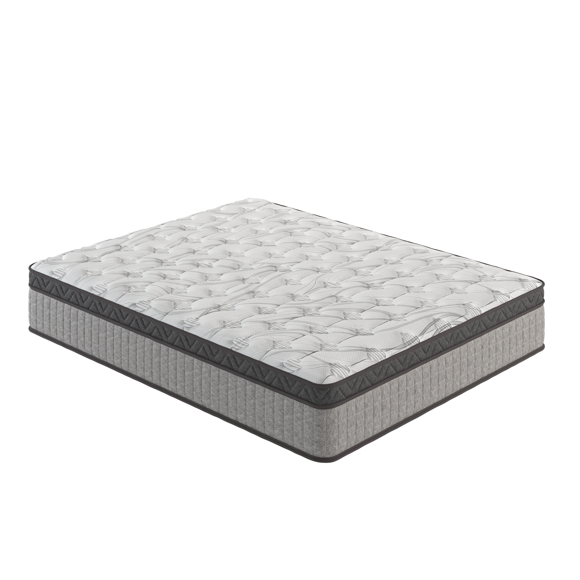 Plush white queen mattress with quilted surface and grey textured sides