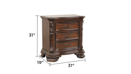 Ornate dark wood nightstand with three carved drawers and decorative metal pulls  inches high