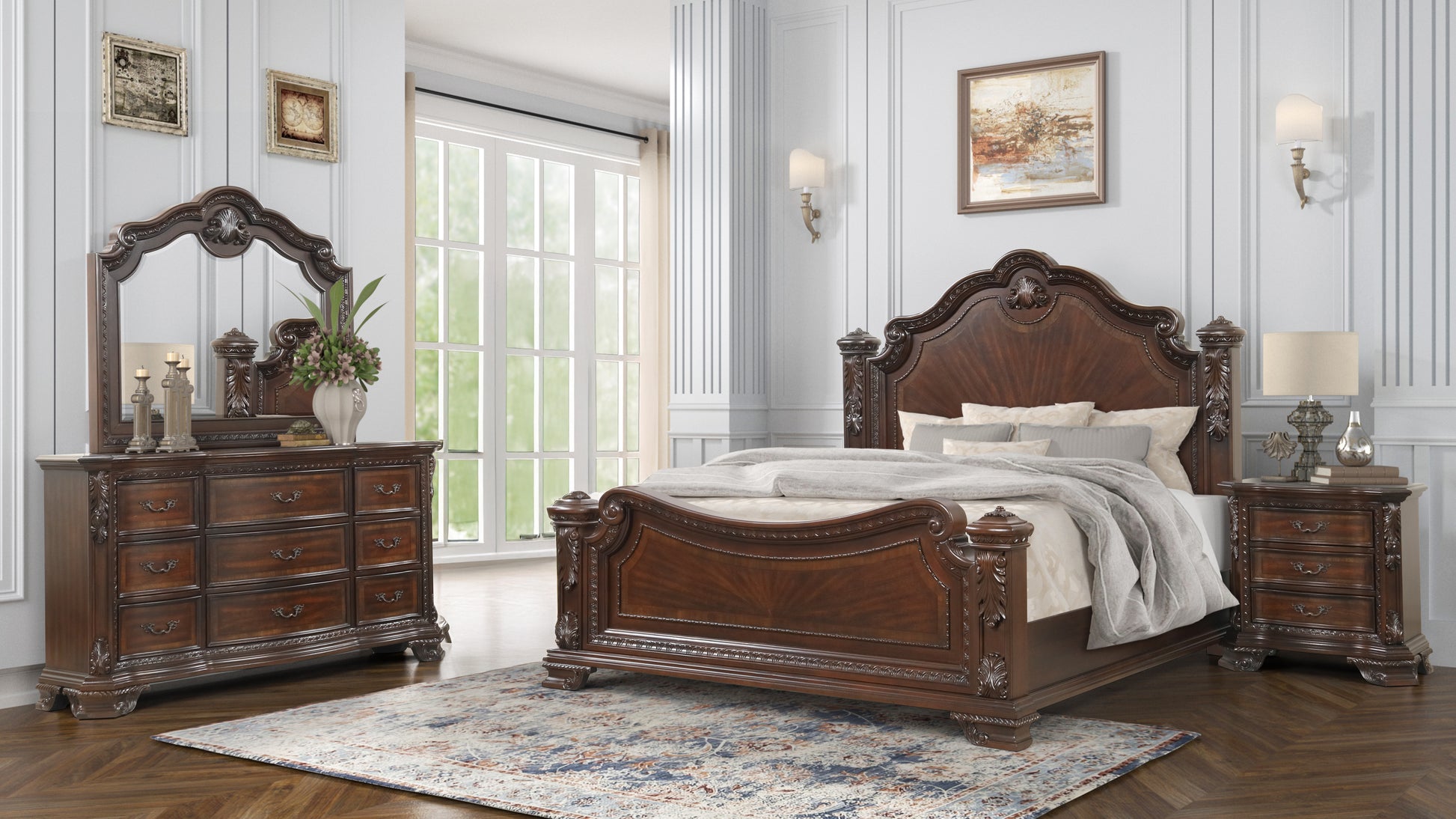 Ornate dark wood king bed with carved headboard and matching dresser set