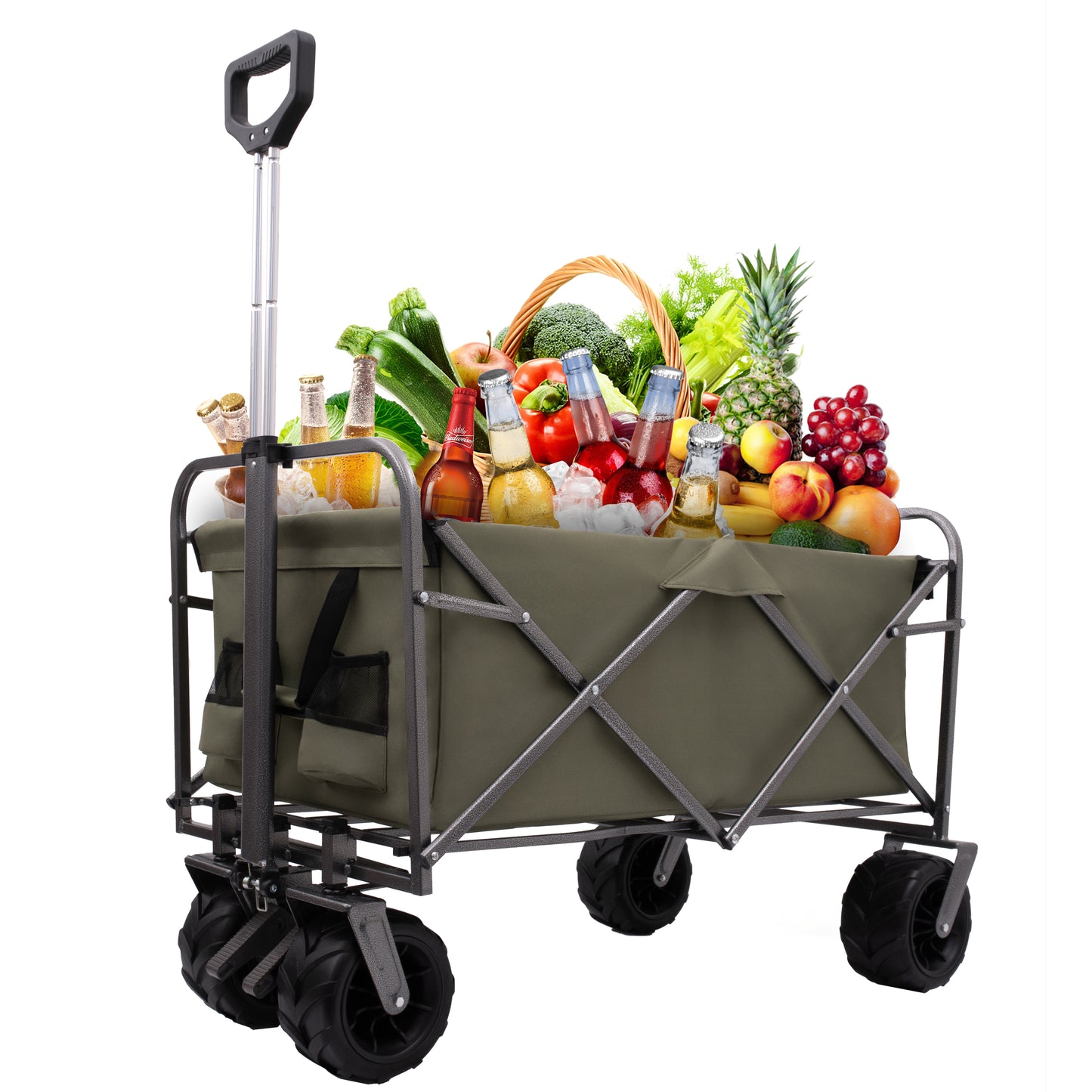 Collapsible wagon with insulated cooler filled with drinks and fresh produce