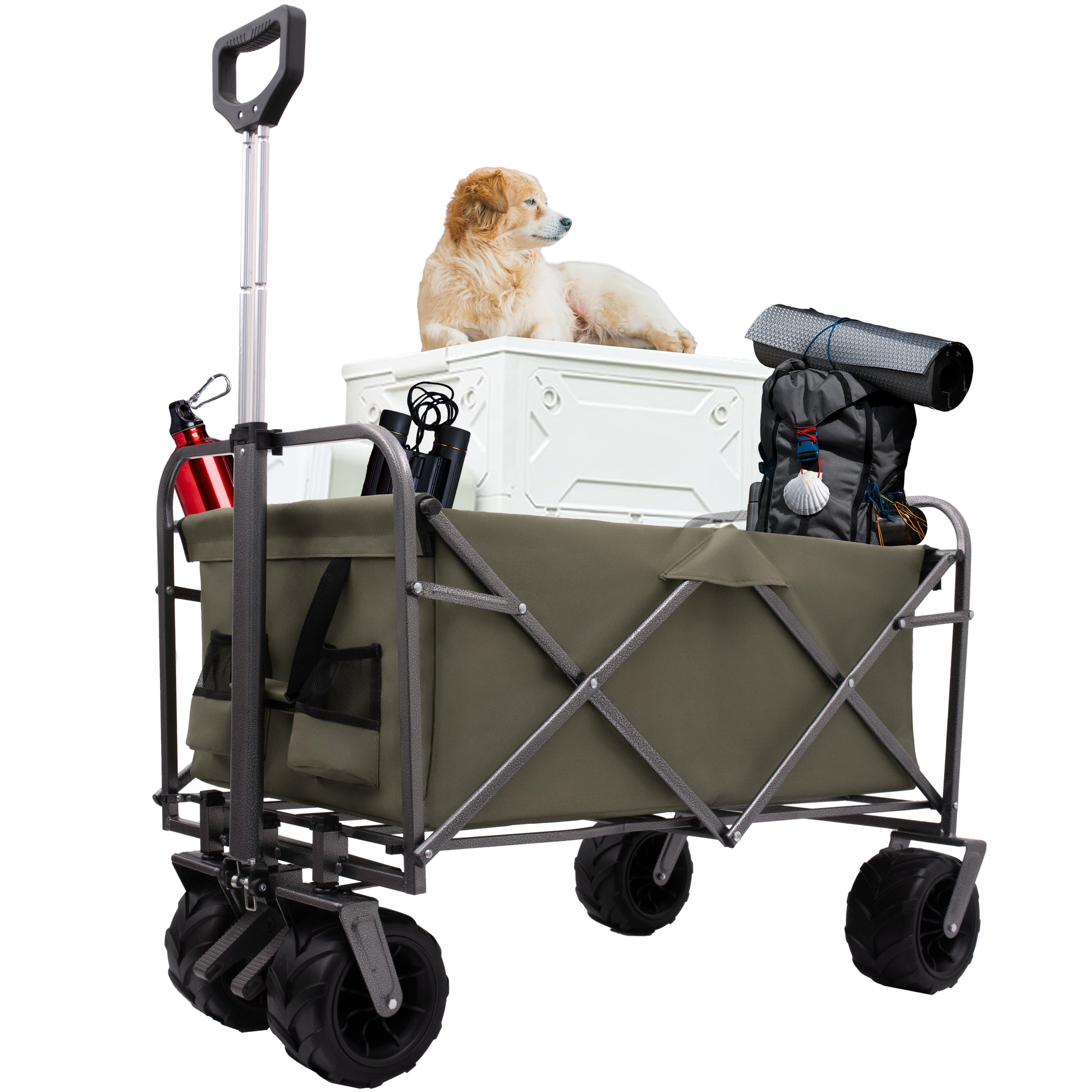 Collapsible camping wagon with dog backpack sleeping pad and cooler for outdoor adventures