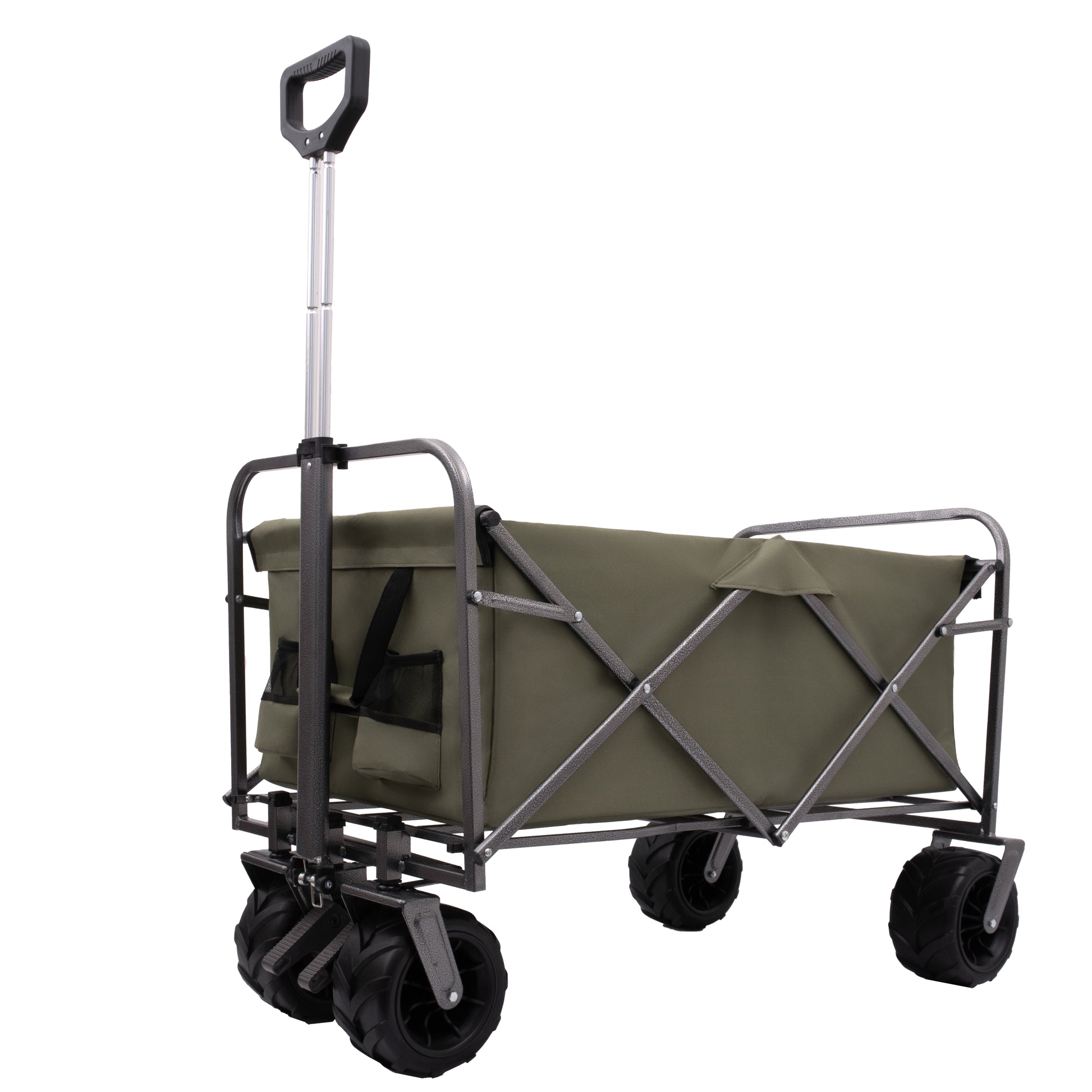 Green collapsible wagon with large wheels and adjustable handle for outdoor hauling