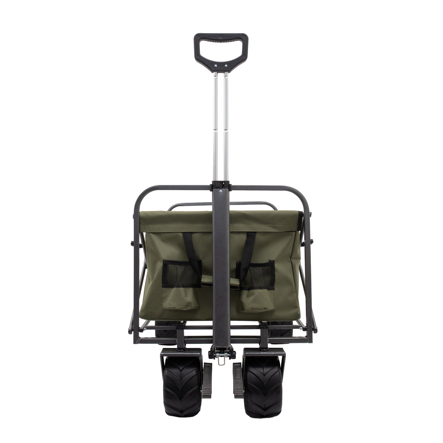 Green canvas folding wagon with large wheels and adjustable handle for easy transport
